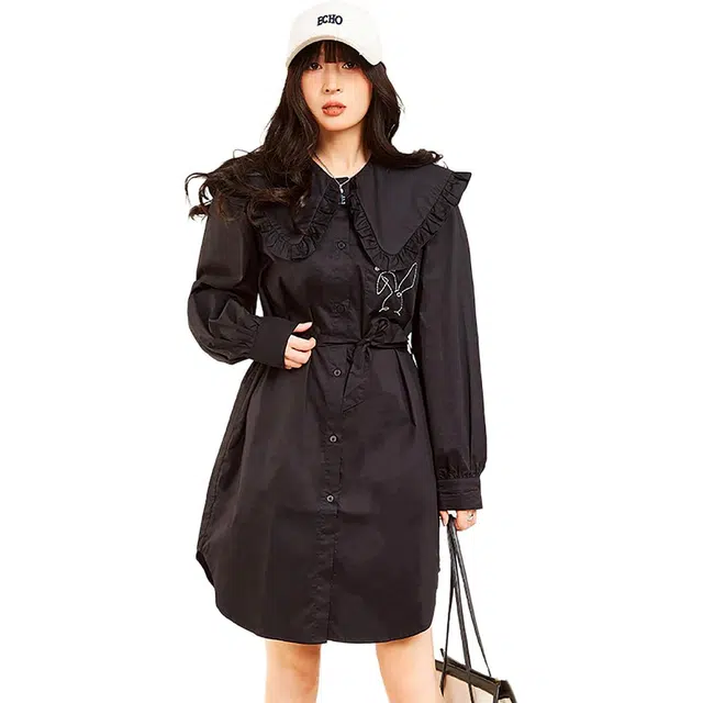 木果果木 学院风时尚舒适长袖连衣裙 女款 黑色