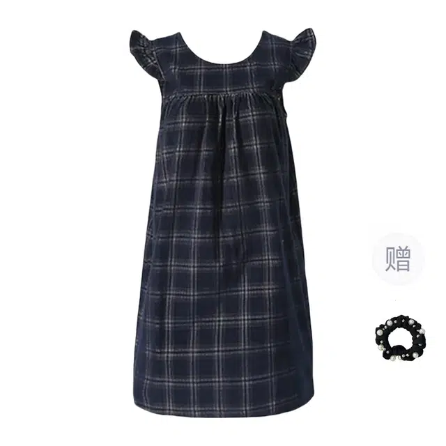 雾闪闪 韩系复古宽松背心娃娃裙学院风甜美格纹短袖连衣裙 女款