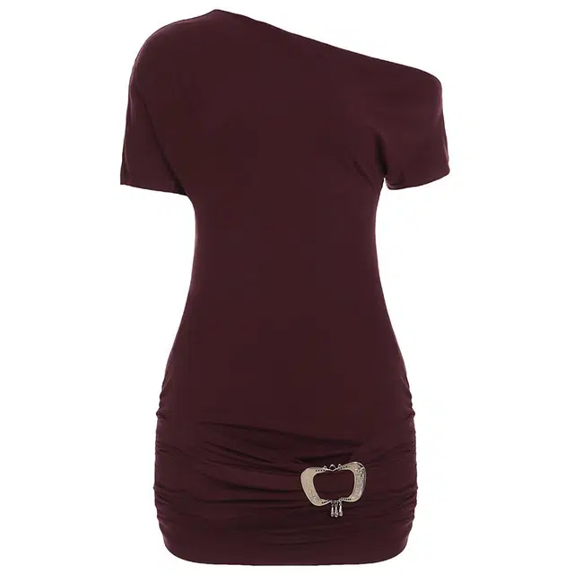 哒头下雨不愁 纯欲风斜领露肩辣妹气质修身显瘦收腰褶皱短裙短袖连衣裙 女款 紫色