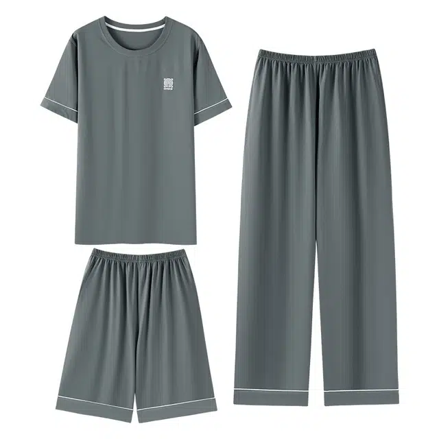 向薇 纯色简约圆领上衣舒适透气裤子睡衣套装 男款