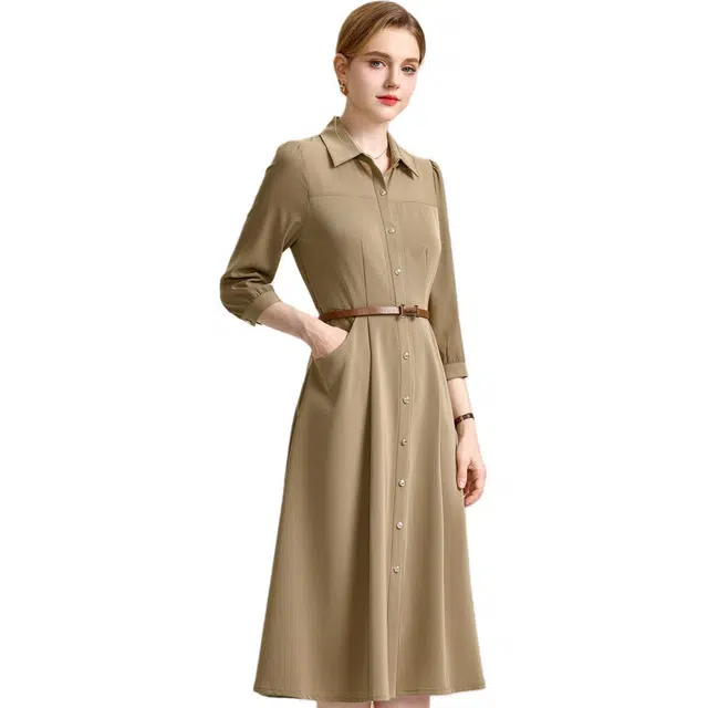 粉红玛琍 纯色休闲舒适长袖连衣裙 女款 卡其