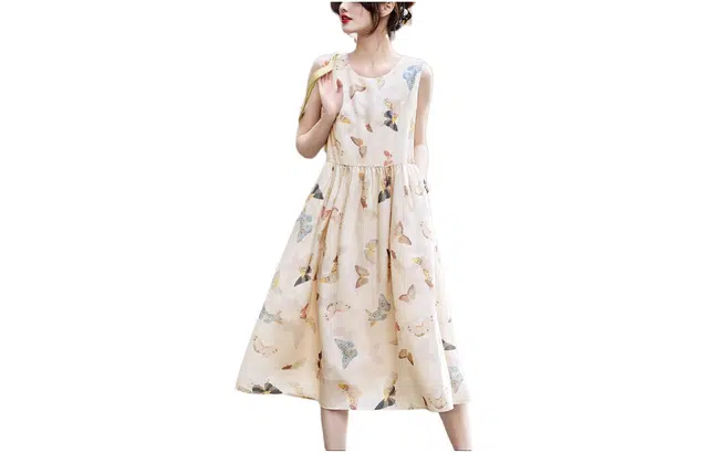 【dme】 圆领蝴蝶印花中长款无袖连衣裙 女款 杏色