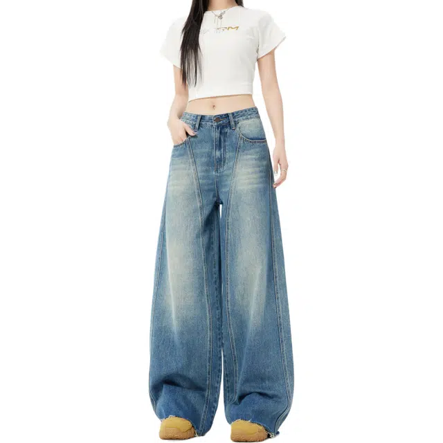 玫丝朵 美式复古做旧百搭毛边阔腿牛仔裤 女款 牛仔蓝