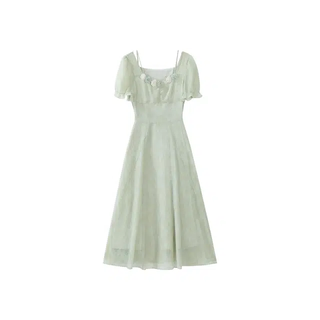 鹿向南 春日星河清新浅绿气质设计感收腰长裙子短袖连衣裙 女款 抹茶绿