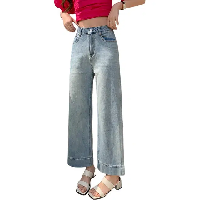 缪斯的诱惑 时尚宽松阔腿百搭高腰牛仔裤 女款 浅蓝色