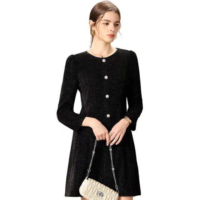 粉红玛琍 收腰舒适休闲长袖连衣裙 女款 黑色