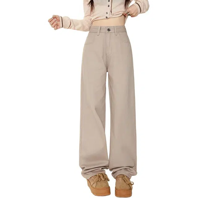 怪力萝莉 学院风高腰宽松阔腿牛仔裤 女款 卡其色