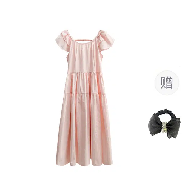 雾闪闪 韩版纯欲温柔风纯色飞飞袖甜美露背圆领短袖连衣裙 女款