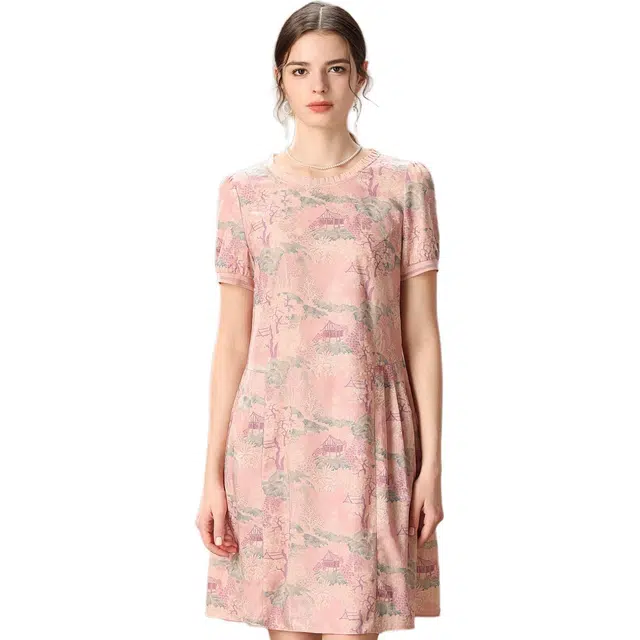 粉红玛琍 水墨宽松舒适短袖连衣裙 常规 女款 粉色