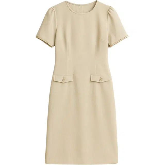 潞优野 小香风优雅气质珍珠装饰设计感裙子短袖连衣裙 女款 米白色