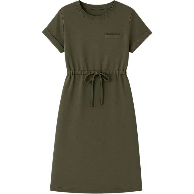 潞优野 时尚百搭设计感长裙通勤圆领收腰显瘦气质长裙短袖连衣裙 女款 灰橄榄绿