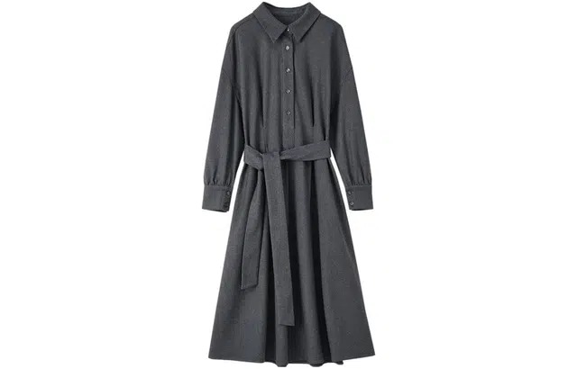 【dme】 纯色翻领落肩袖单排扣长袖连衣裙 灰色