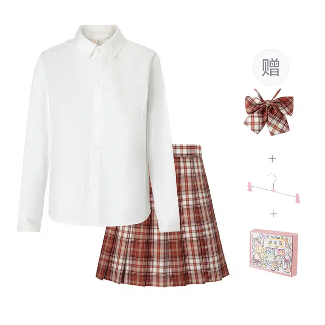 日暮星河 学院风休闲百搭舒适通勤长袖上衣日系百褶裙衬衫套装 女款 红茶拿铁