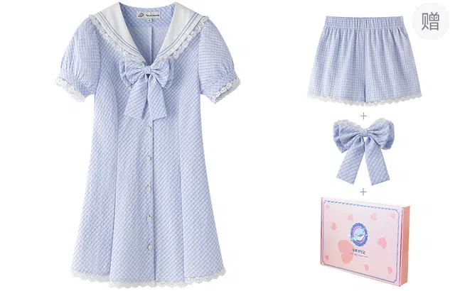 东鲸岁时记 学院风条纹蝴蝶结修身短袖连衣裙 女款 礼盒装 图色
