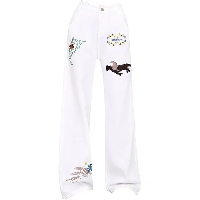 哒头下雨不愁 刺绣印花阔腿裤牛仔裤 女款 白色