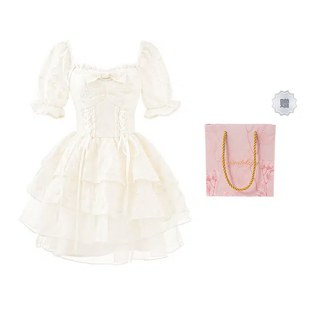 棉购 法式甜辣风提花蝴蝶结少女感欧根纱泡泡袖蓬蓬公主仙女短袖连衣裙 女款