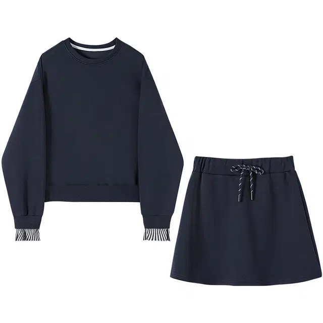 她池 通勤时尚宽松上衣搭半身裙两件套休闲套装 女款 藏青色