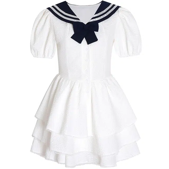 怪力萝莉 海军领学院风裙摆蕾丝花边甜美蓬蓬裙短袖连衣裙 女款 白色
