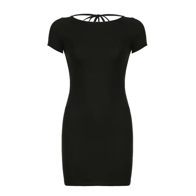 哒头下雨不愁 纯欲风性感镂空绑带修身辣妹包臀裙短袖连衣裙 女款