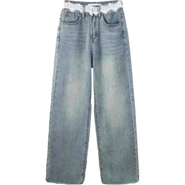 敲模女孩 美式辣妹甜酷风蕾丝腰带设计感小闪钻高腰阔腿长裤牛仔裤 女款 蓝色