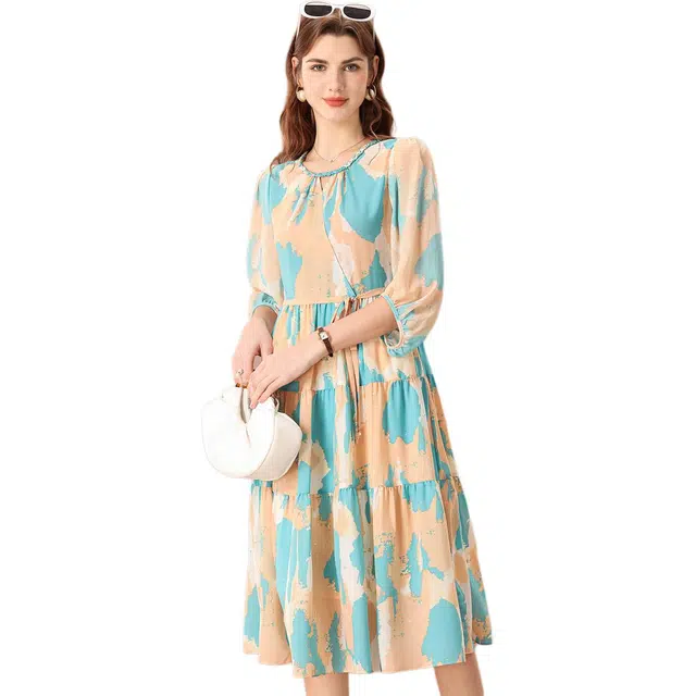 粉红玛琍 春,夏,秋 灯笼袖短袖连衣裙 修身 女款 兰色