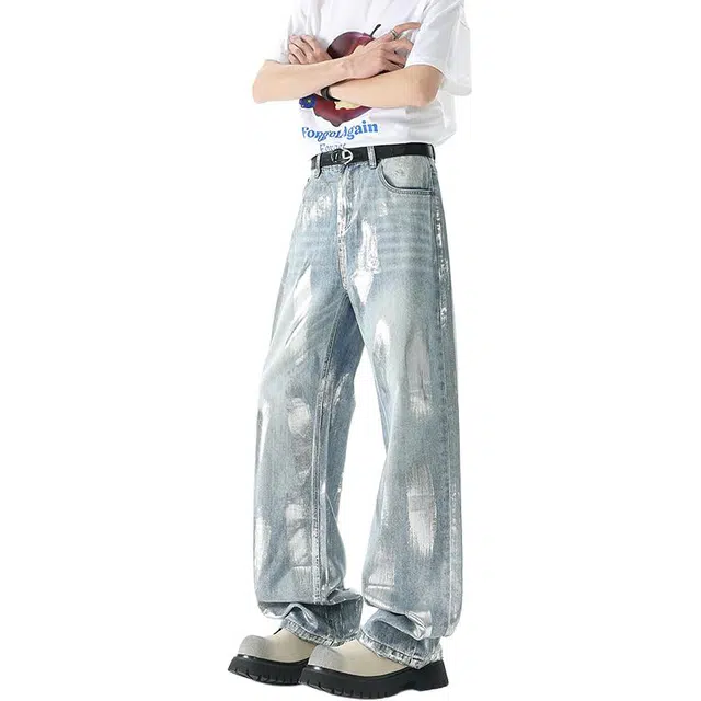 沃马 美式复古做旧弯刀水洗高级感通勤垂感微喇宽松牛仔裤 男女同款