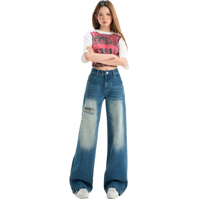 玫丝朵 美式复古破洞做旧设计时尚高腰百搭宽松直筒牛仔裤 女款