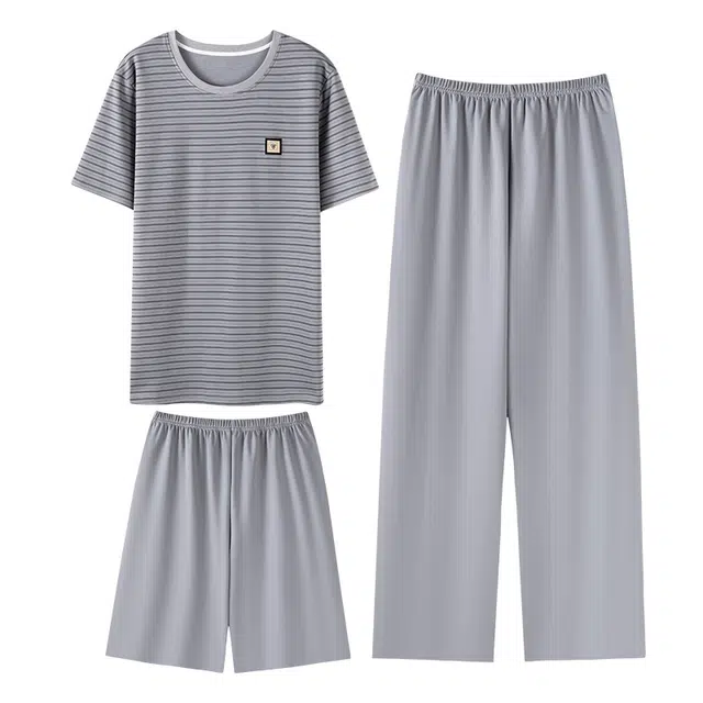向薇 条纹圆领上衣纯色透气裤子睡衣套装 男款