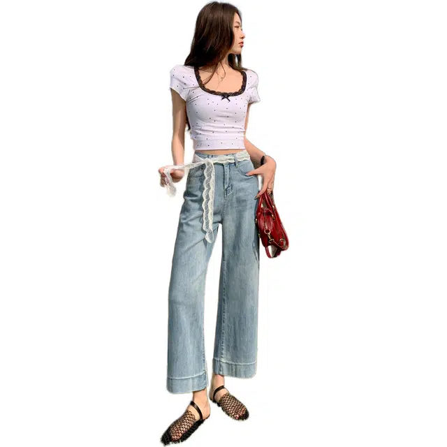 水中花 时尚阔腿裤宽松高腰垂感打折软糯休闲拖地牛仔裤 女款 浅蓝色