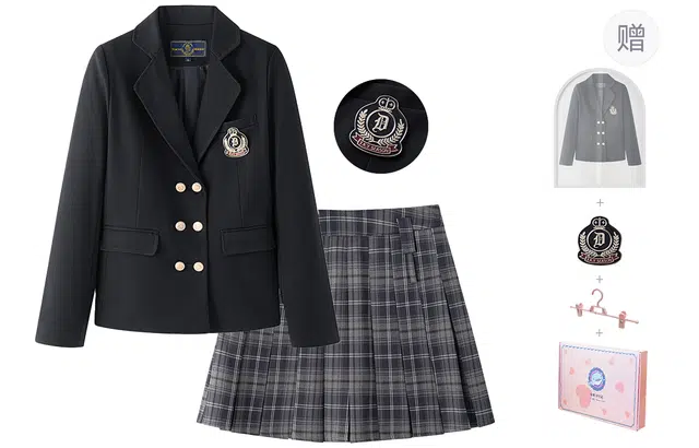 东鲸岁时记 学院风修身双排扣格子简约百褶裙格子伯克利半身裙西装套装 女款 礼盒装