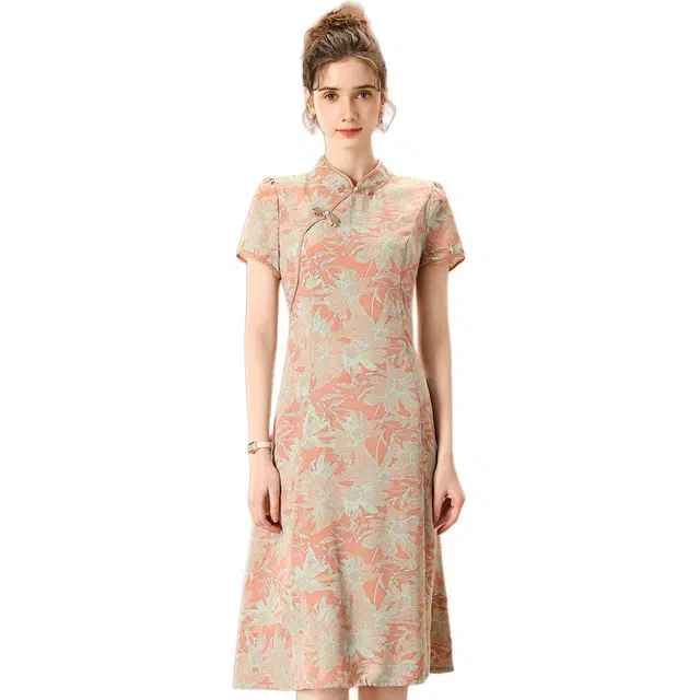 粉红玛琍 新中式立领套头高腰中长款短袖连衣裙 女款 粉色