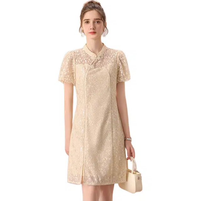 粉红玛琍 新中式简约纯色短袖连衣裙 女款 米色