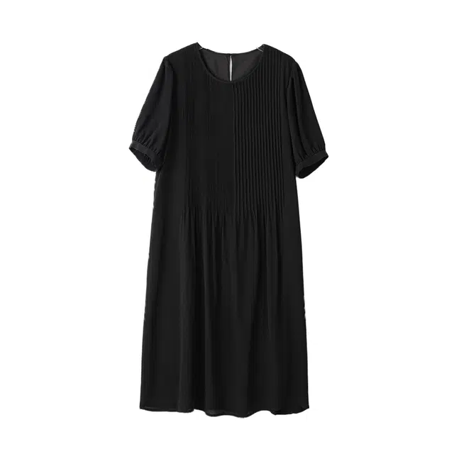 着西 桑蚕丝中长款纯色简约短袖连衣裙 女款 黑色