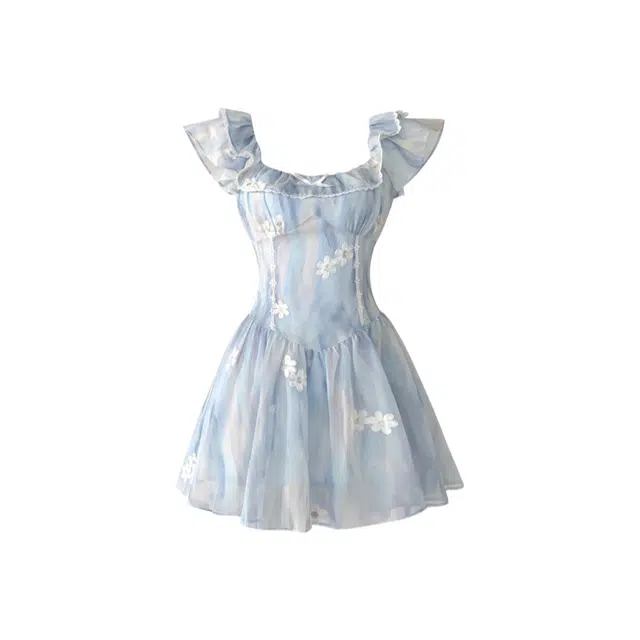 怪力萝莉 方领蕾丝边设计感重工碎花蓬蓬裙度假短袖连衣裙 女款