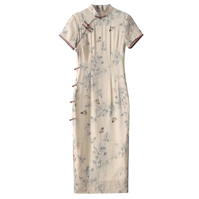 曲韩 新中式印花长款短袖连衣裙 女款 米色
