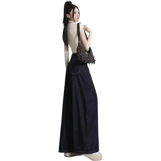 欧迪芬 百搭美式气质高腰水洗复古立体磨白宽松垂感拖地长裤显高透气拍照通勤学生上班约会牛仔裤 男女同款 深蓝色