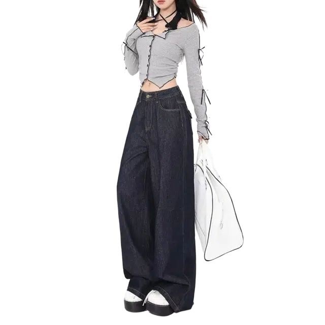 欧迪芬 百搭美式气质高腰立体牛仔裤 男女同款 深蓝