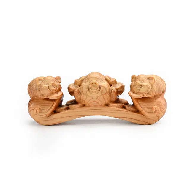 天纵 本命年诸事如意国潮创意吉祥物  实木雕刻如意福猪手工艺品  随身把玩招财好运文玩 崖柏 木作把件 男女同款情侣款