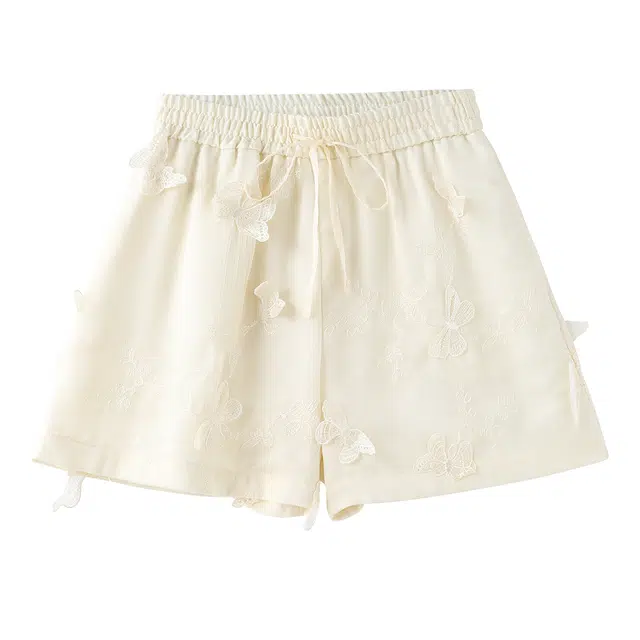 花栗鼠小姐 蝶梦轻语 优雅精致高级感重工蝴蝶刺绣轻柔飘逸雪纺系带抽绳收腰宽松遮肉显瘦休闲短裤 女款 绣花米