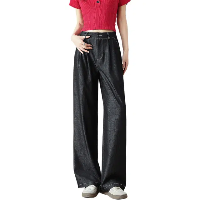 法文箱子 气质百搭纯色高腰长裤牛仔裤 女款