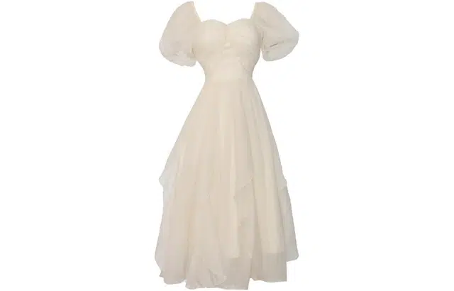 休闲纯色高腰短袖连衣裙 女款 奶白色