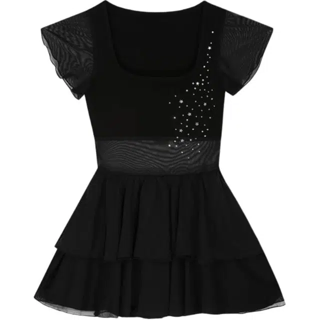 哒头下雨不愁 纯欲蕾丝网纱女夏季修身显瘦拼接短裙短袖连衣裙 女款 黑色