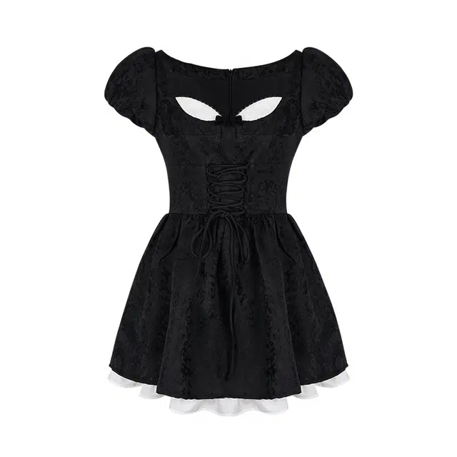 花铃太太 设计感收腰蓬蓬方领泡泡袖修身短袖连衣裙 女款