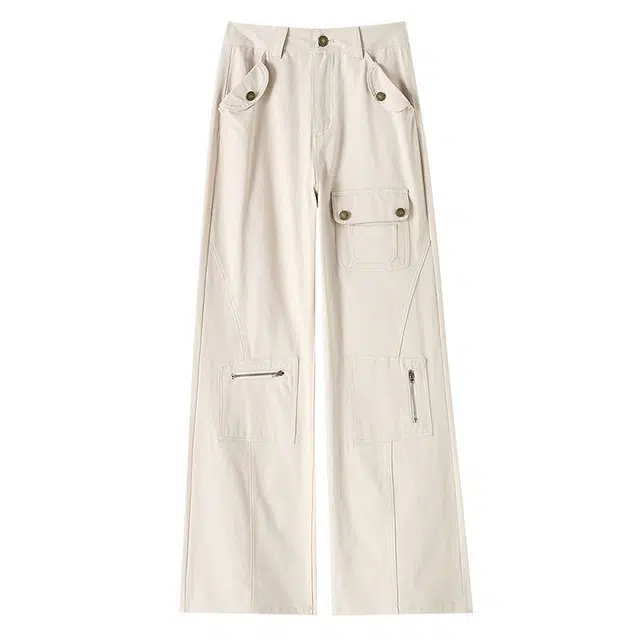 淑好百 设计感多口袋春美式牛仔裤微喇高腰宽松休闲裤工装裤 女款 咖色