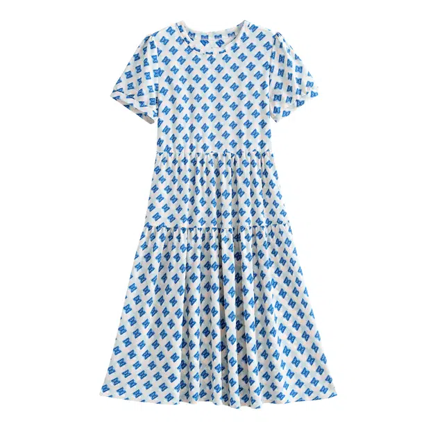 曲韩 圆领印花法式收腰中长裙子气质高级感夏季短袖连衣裙 女款 蓝色