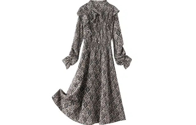 恒源祥 菱格抽象图案荷叶边收腰长袖连衣裙 灰色