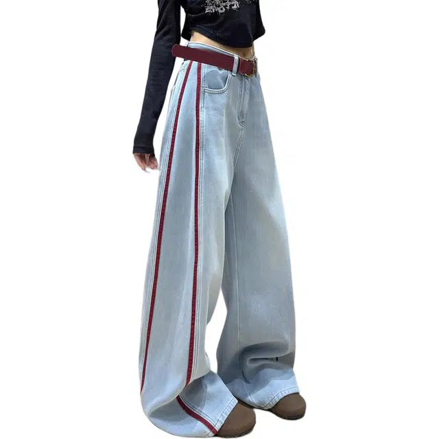 沐晓欣 刺绣拼条撞色宽松显瘦阔腿裤水洗休闲拖地裤牛仔裤 女款 浅蓝色