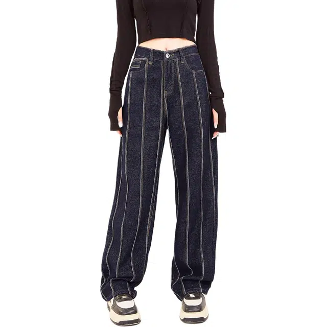 木果果木 春,秋 复古港风条纹高腰遮肉时尚牛仔裤 女款 深蓝