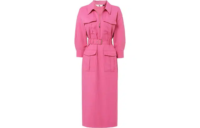 达菲时尚 复古收腰工装风长袖连衣裙 玫红