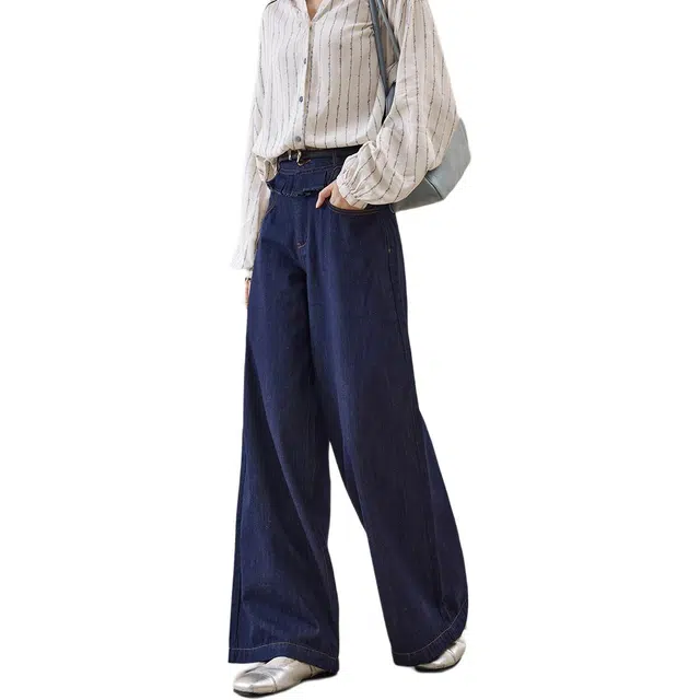 谜秀 高级感设计感显高休闲日常百搭蓝木耳边春夏阔腿设计显瘦长裤牛仔裤 女款 复古蓝